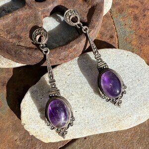 Vintage Sterling Silver Grape Amethyst Marcasite Pierced Earrings